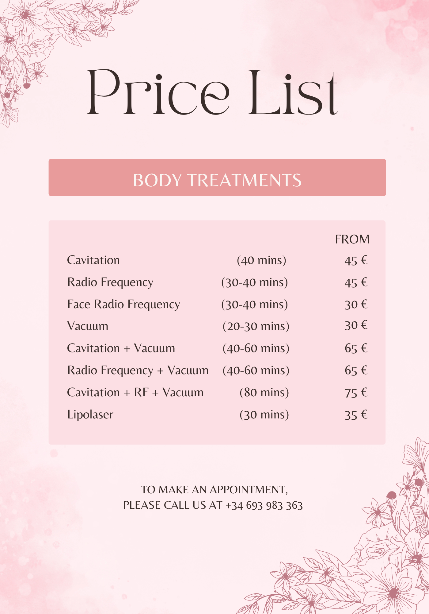 Body treatment price list