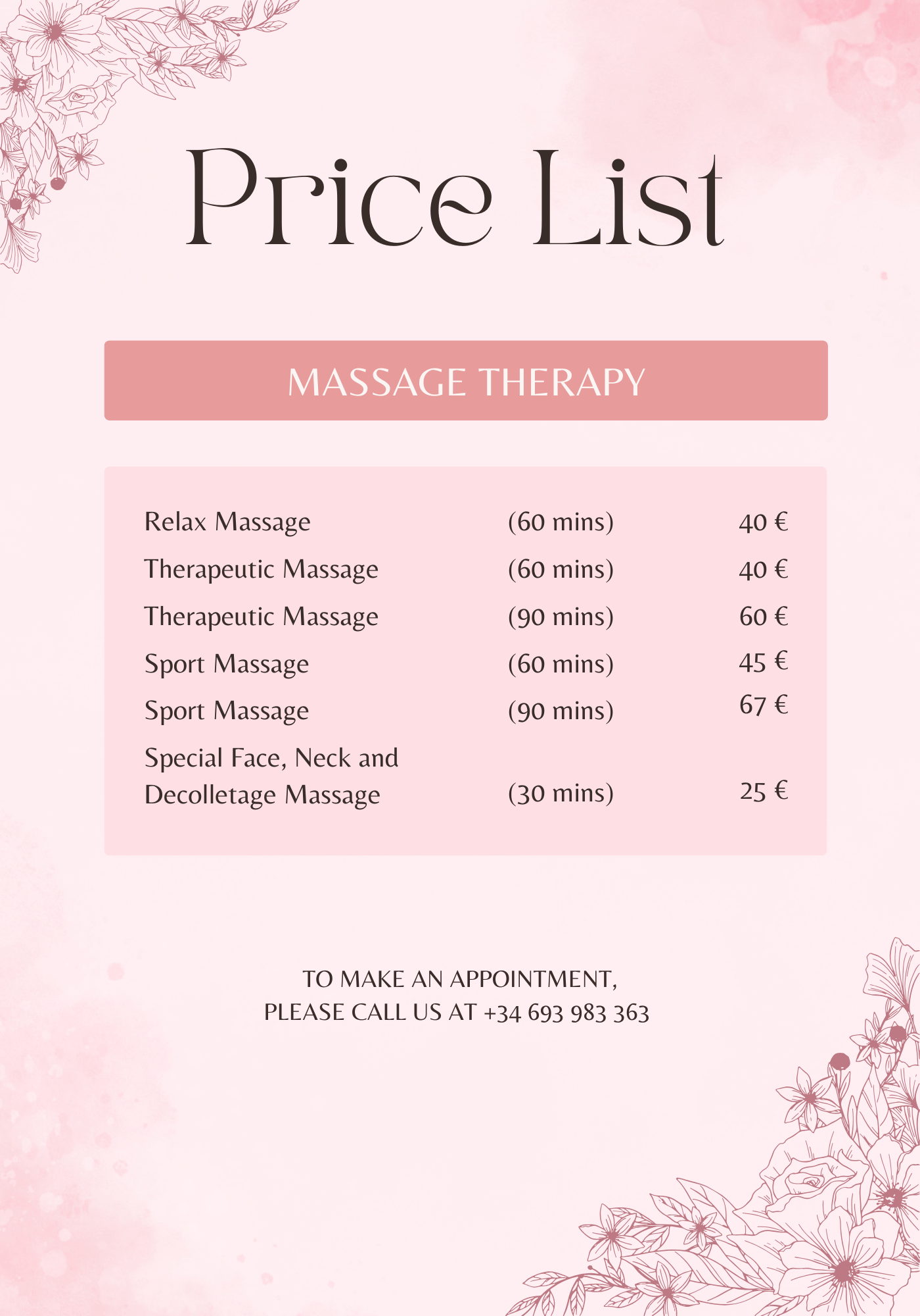 Massage price list