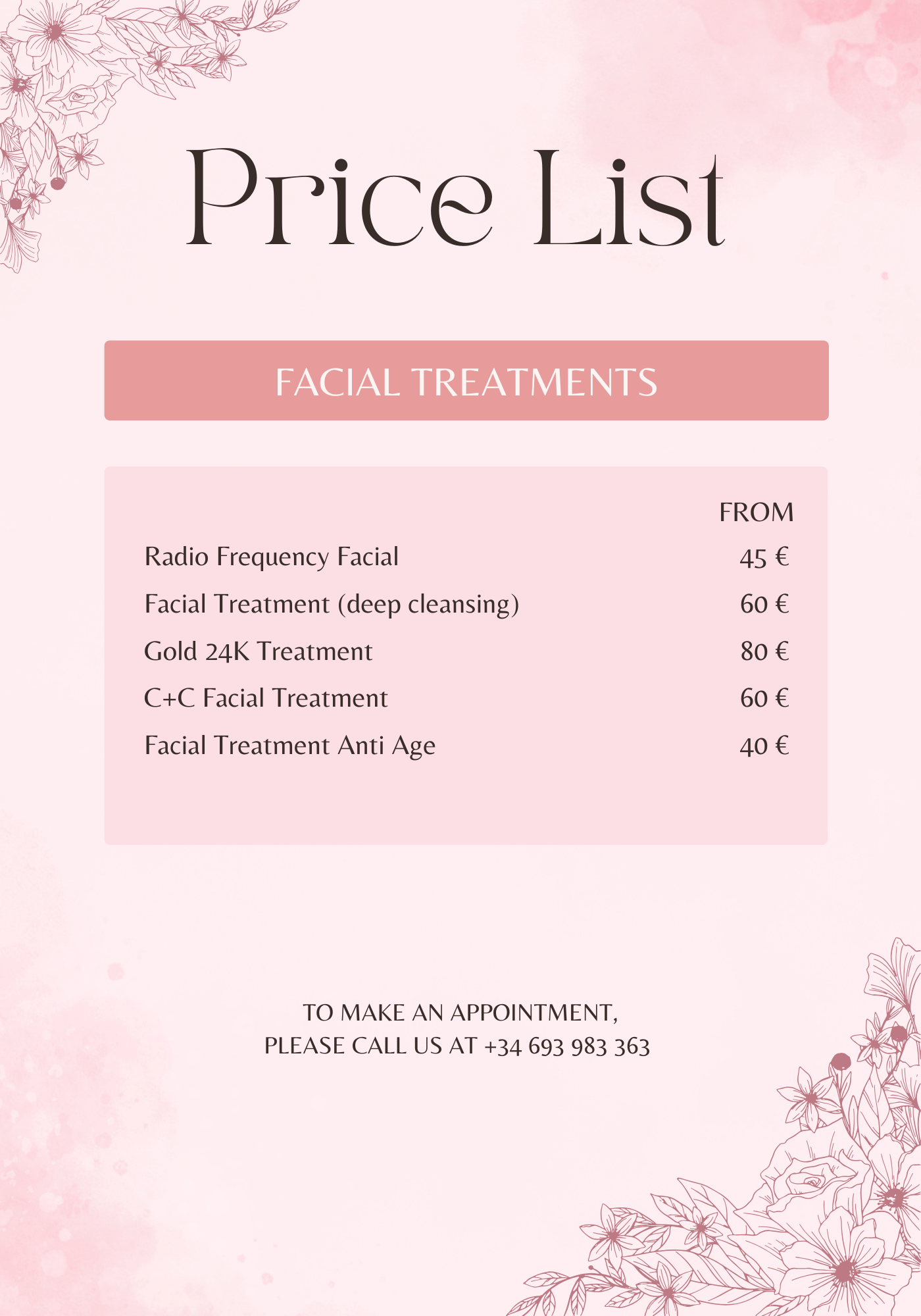 Facial treatments price list