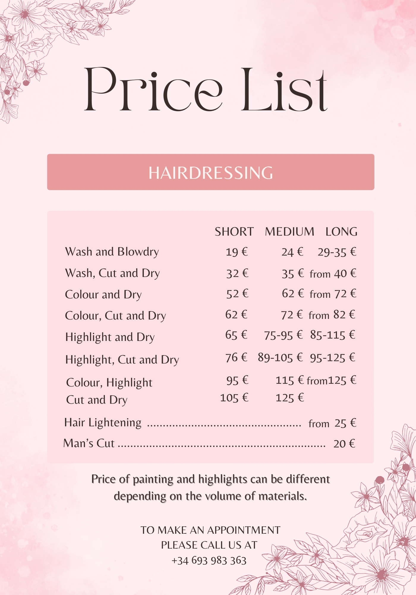 Price list hairdressing quesada nails