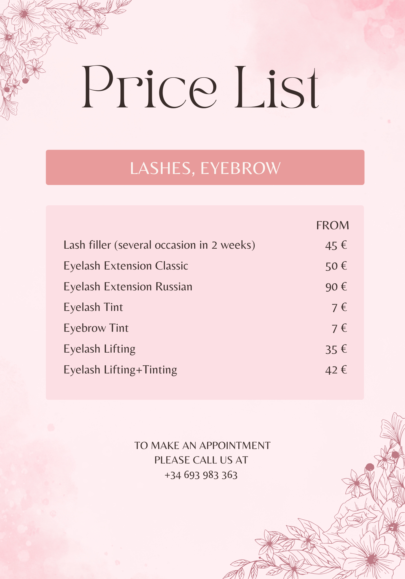 Price list Eyelash and Eyebrow quesada nails