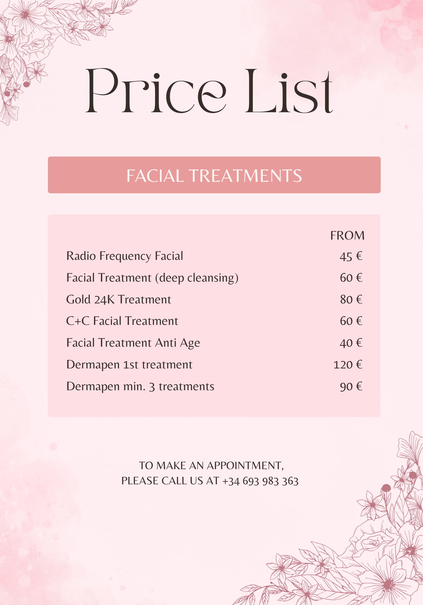 Price list facial treatment 1