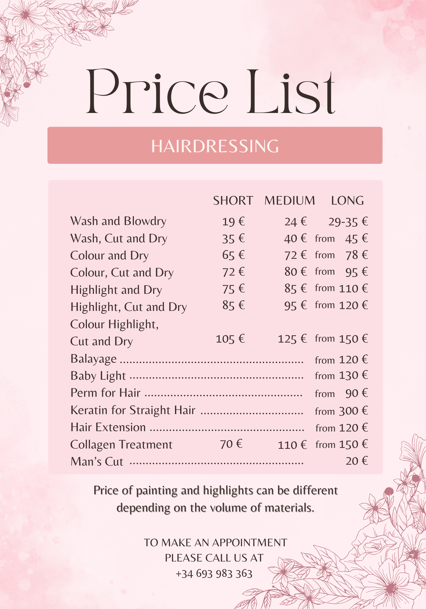 Price list Hairdressing QN