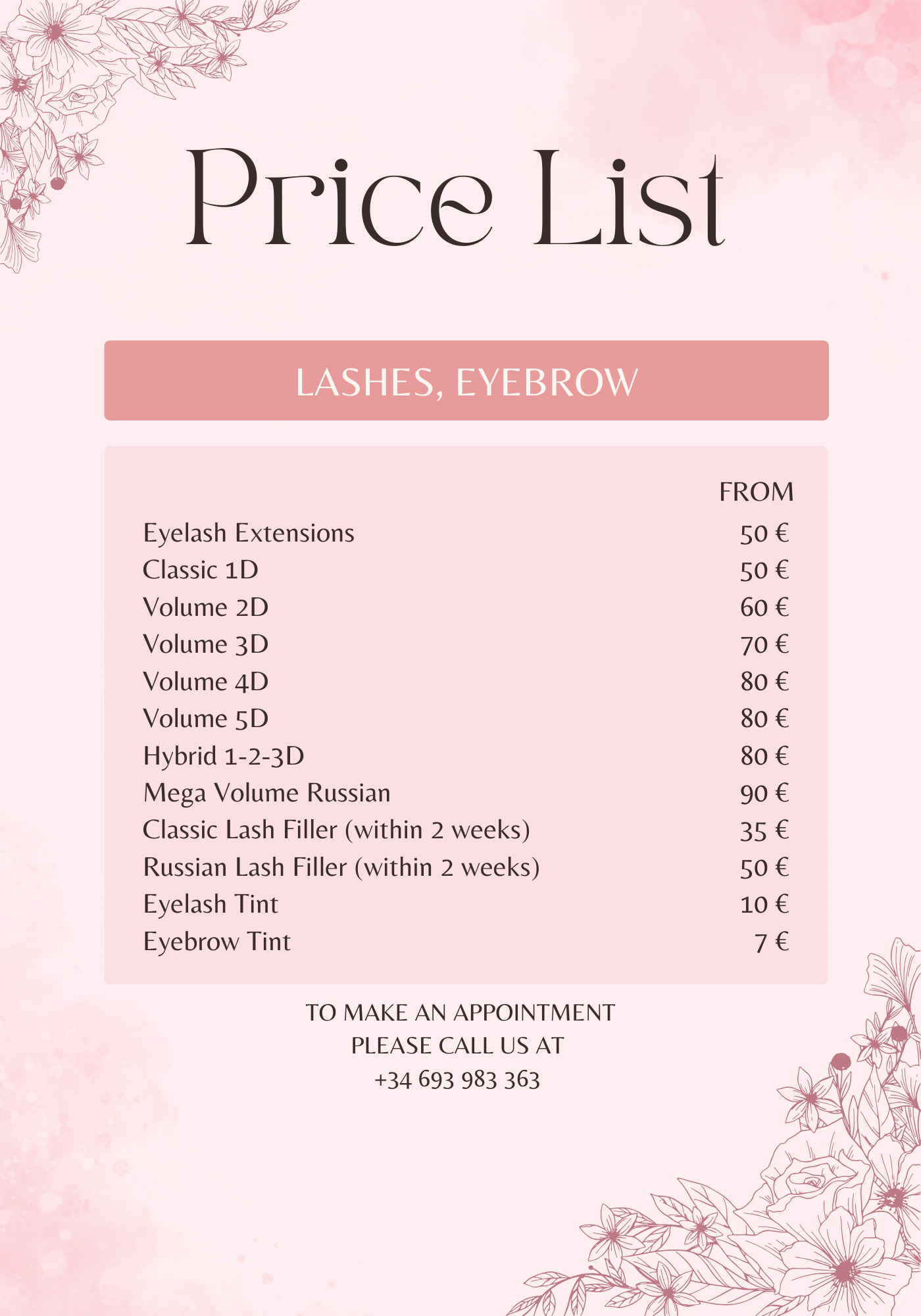 Price list Eyelash and Eyebrow quesada nails