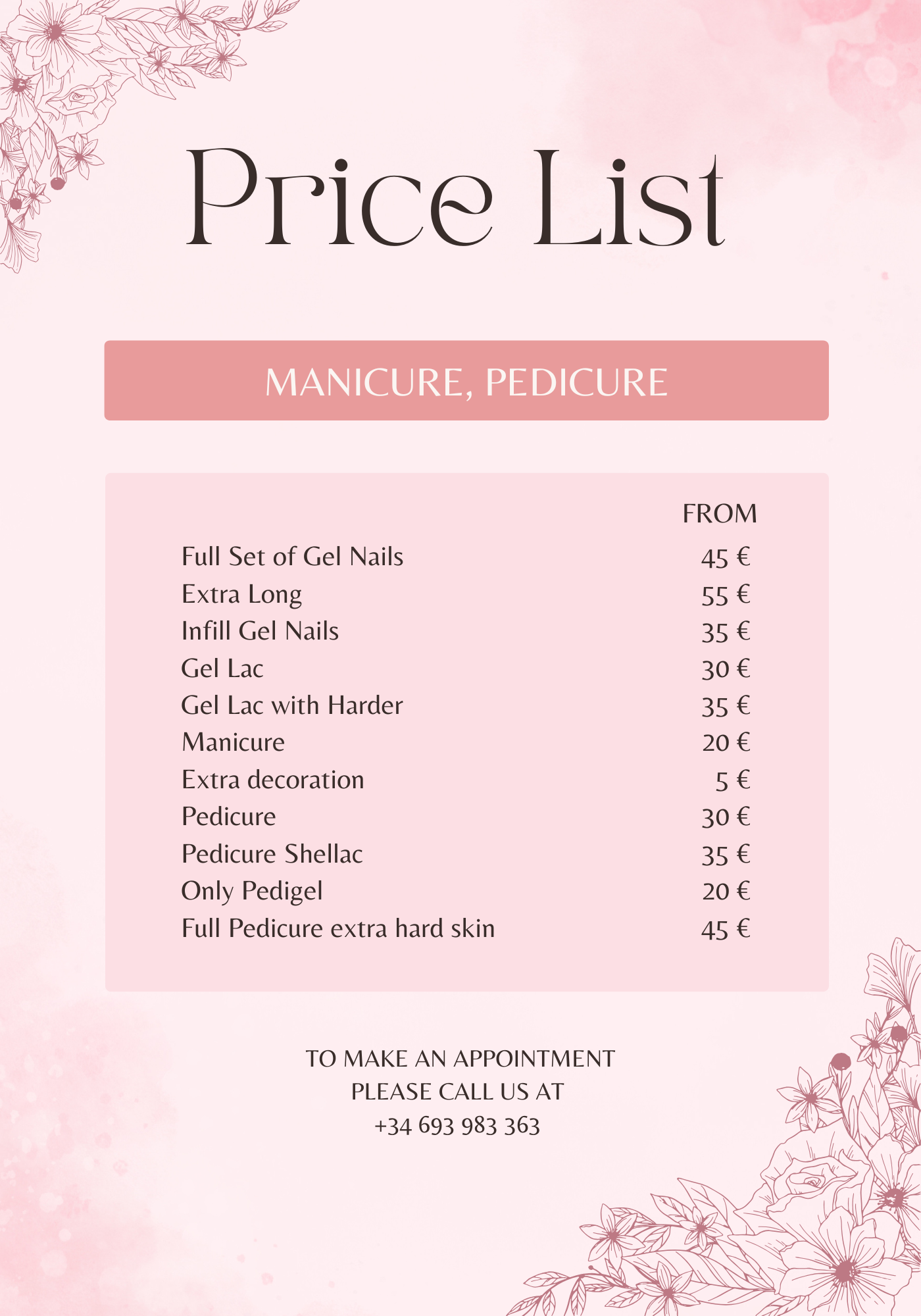 Price list manicure pedicure