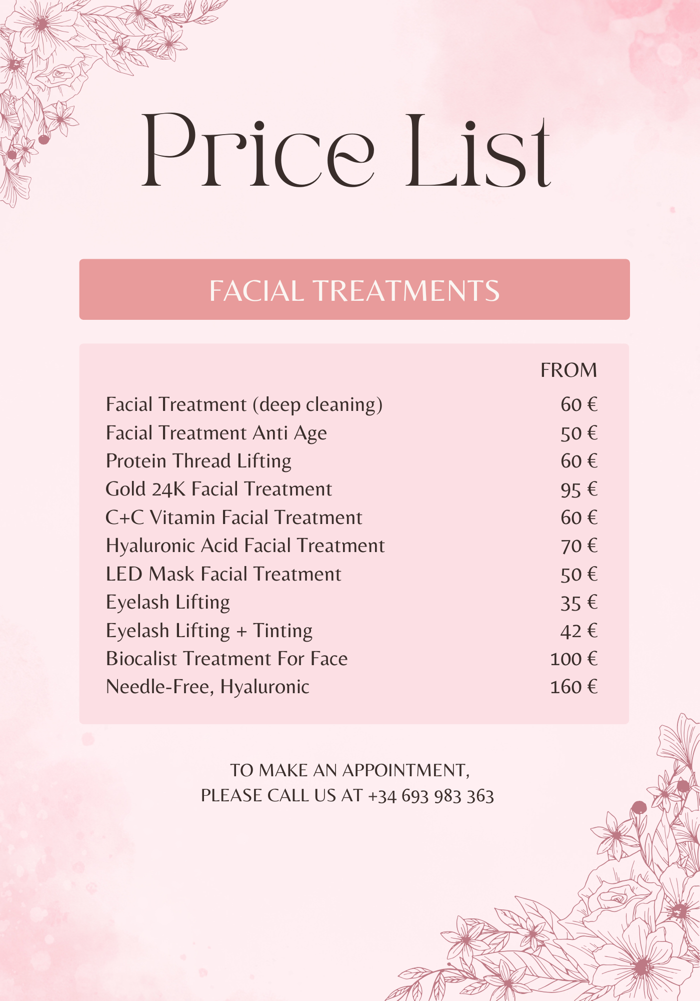 Price list facial treatment 1 Face and Beauty