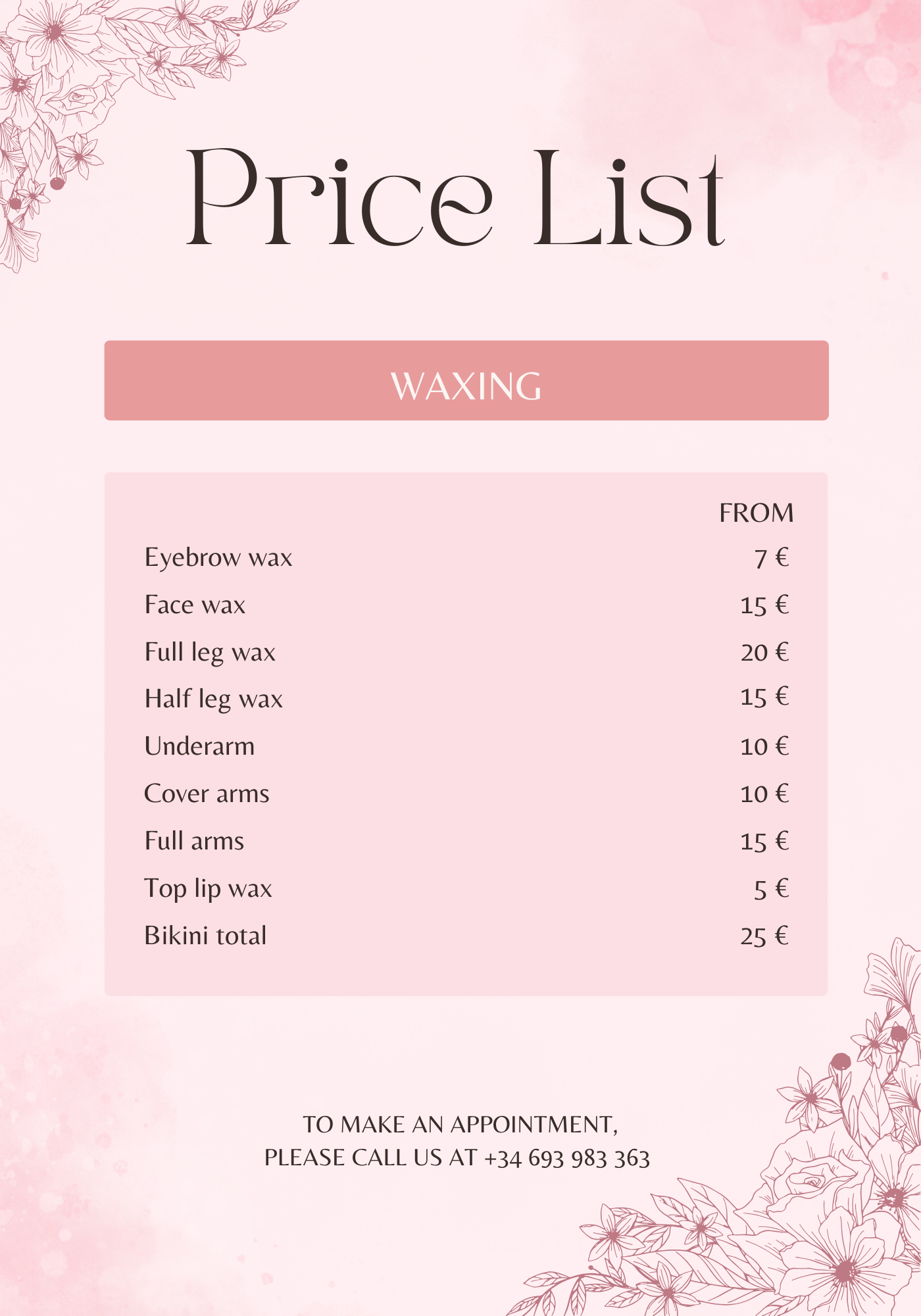 Waxing price list Face and Beauty