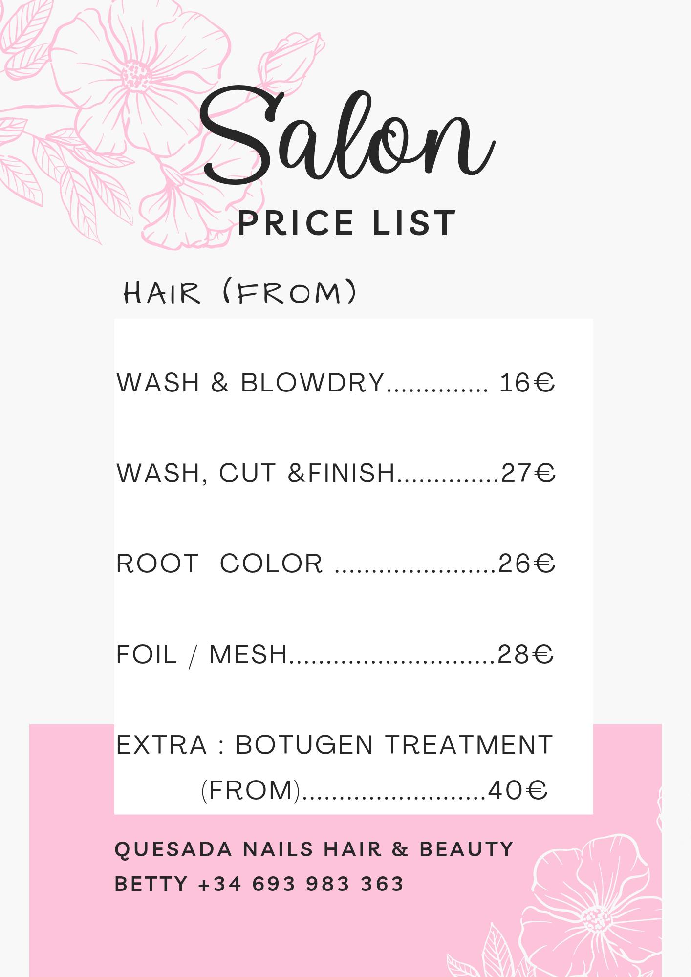 Price list hair salon Quesada Nails Hair & Beauty